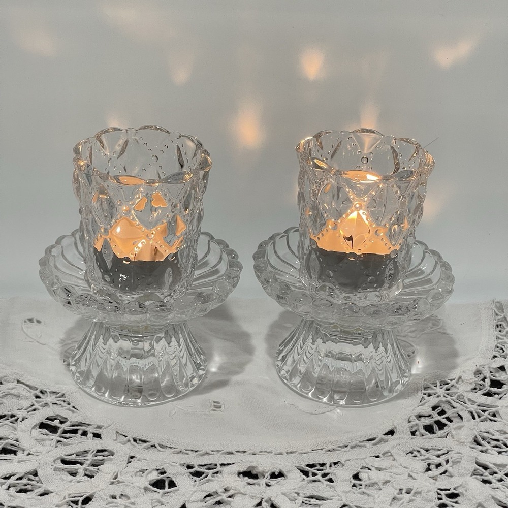 Vintage PartyLite Quilted Crystal Votive Candle Holder Pair Original Box P9246
